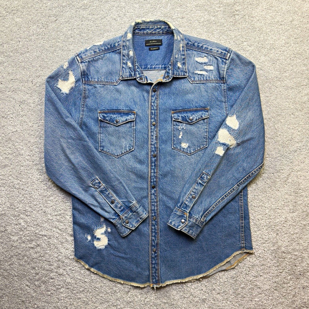 Zara Mens Distressed Denim Western Shirt Blue Relaxed Fit Snap Front Raw Hem
